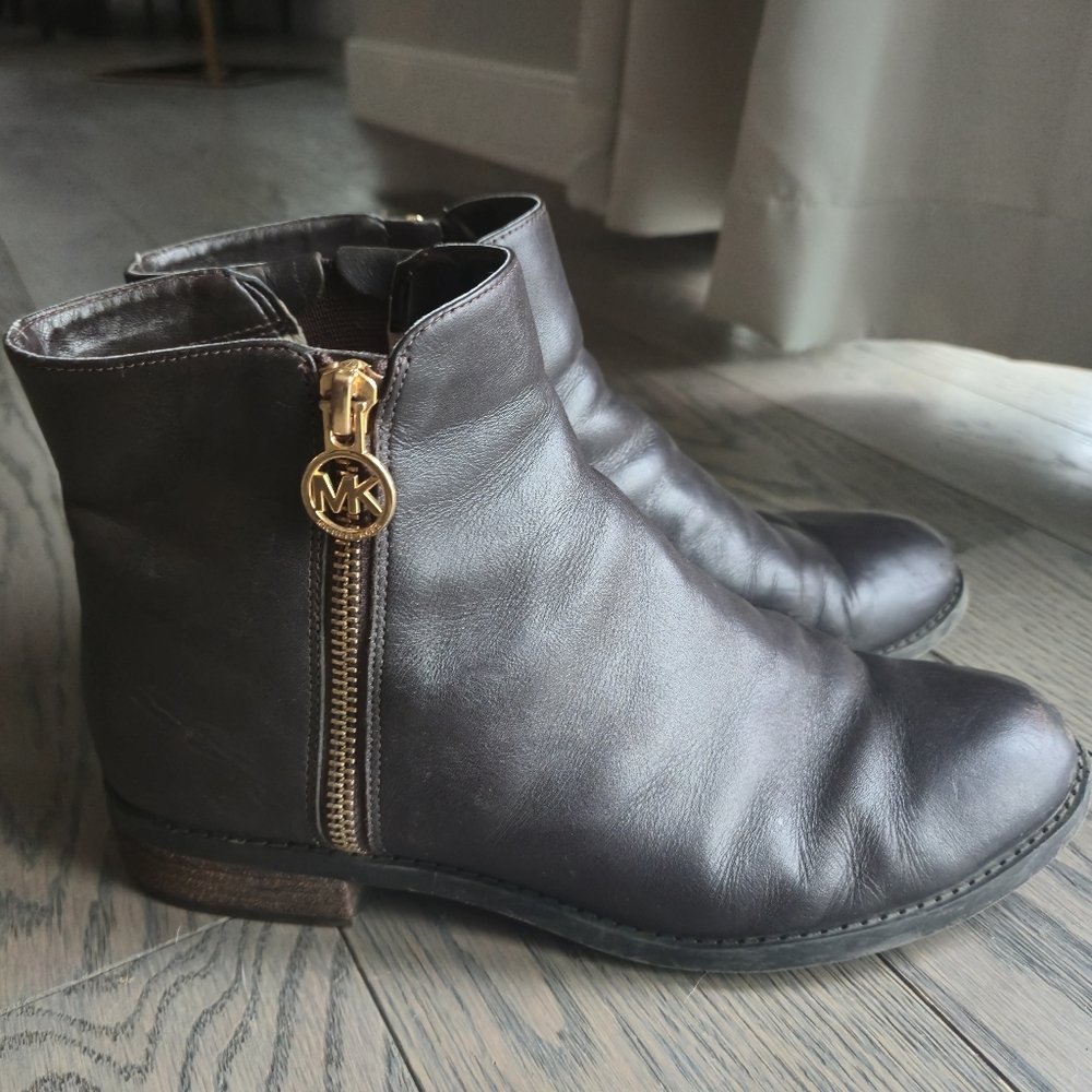 Michael Kors Dark Brown Leather Ankle Boots with Gold Zipper